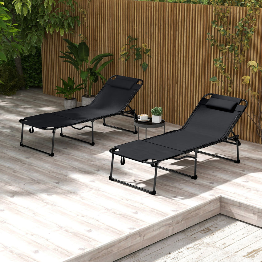 2 Piece Folding Chaise Lounge Pool Chairs Black with 5-level Reclining Back, Reading Hole, Side Pocket for Outdoor Enjoyment