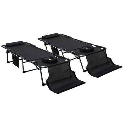 2 Piece Folding Chaise Lounge Pool Chairs Black with 5-level Reclining Back, Reading Hole, Side Pocket for Outdoor Enjoyment