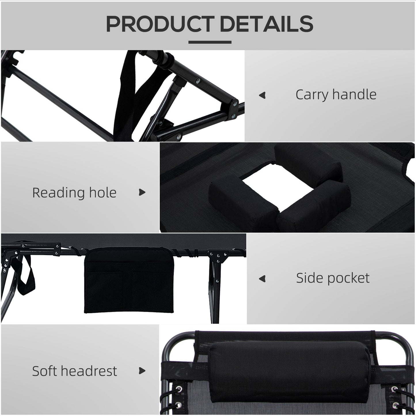 2 Piece Folding Chaise Lounge Pool Chairs Black with 5-level Reclining Back, Reading Hole, Side Pocket for Outdoor Enjoyment