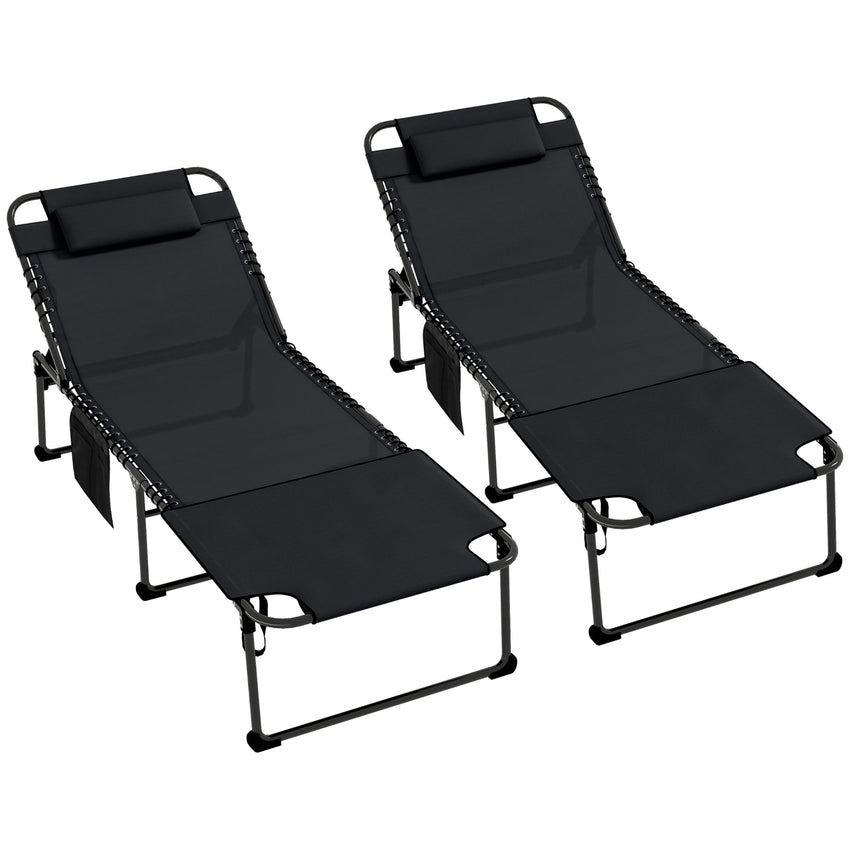2 Piece Folding Chaise Lounge Pool Chairs Black with 5-level Reclining Back, Reading Hole, Side Pocket for Outdoor Enjoyment