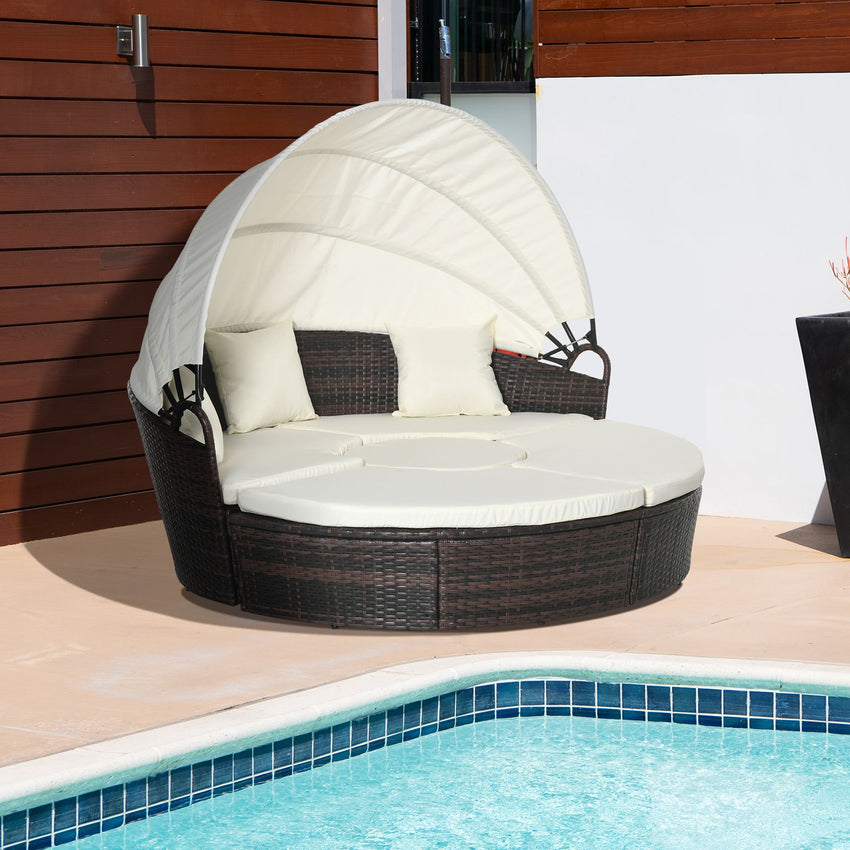 Backyard Woven Rattan 4pc Canopied Daybed Sun Lounger Sofa Setting Plush Pillows