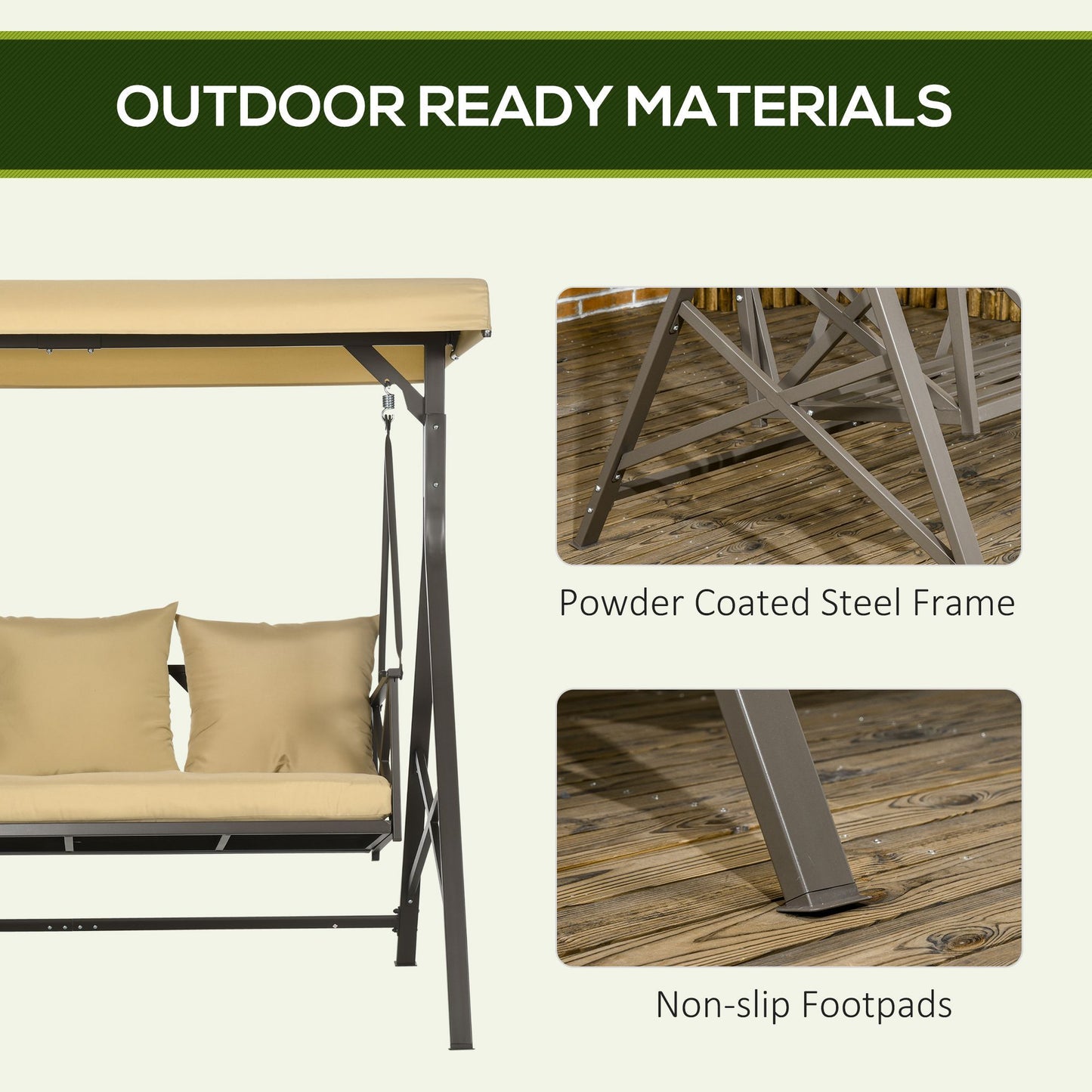 3-Person Outdoor Swing Seat with Adjustable Canopy, Cushion, 3 Throw Pillows, Adjustable Shade, Garden