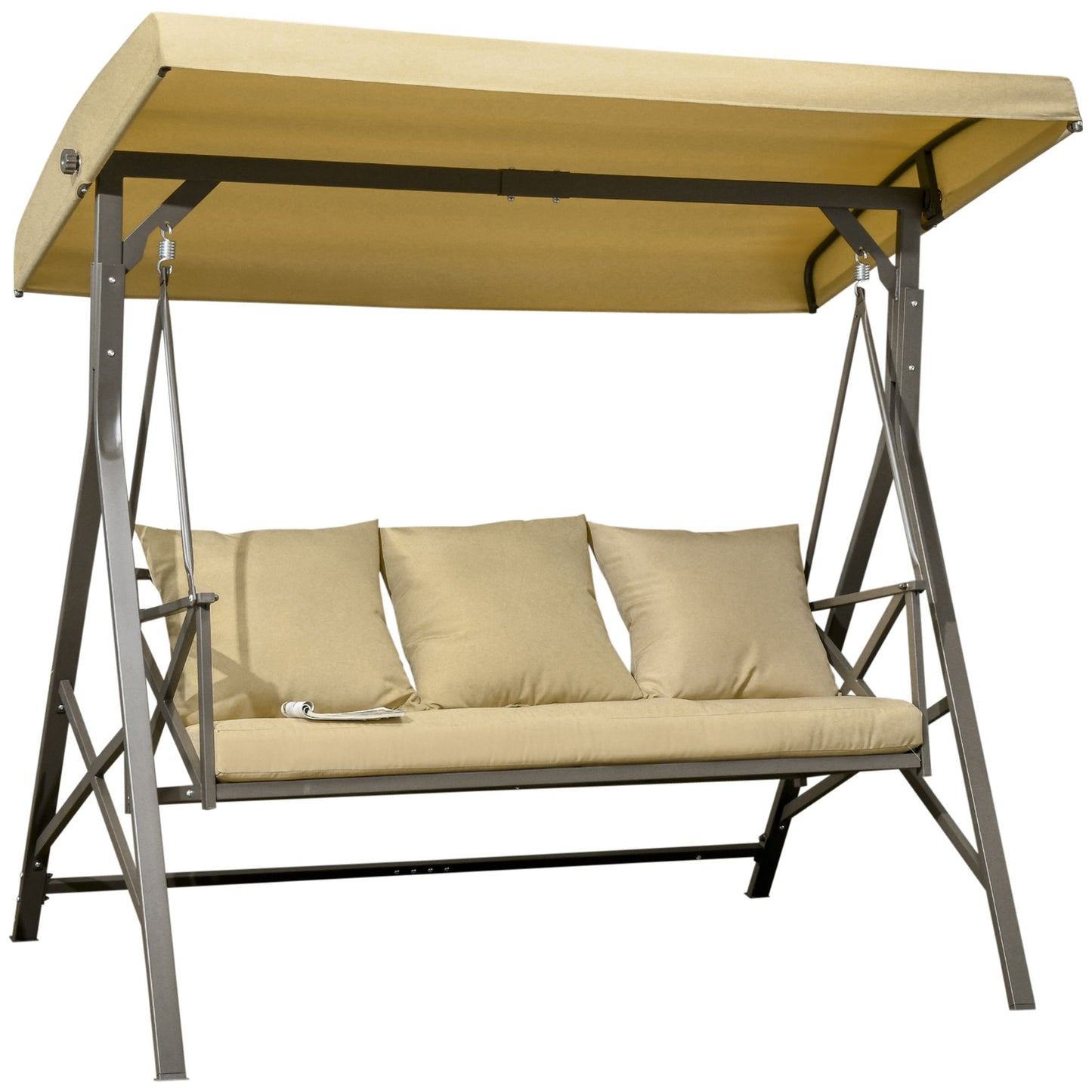 3-Person Outdoor Swing Seat with Adjustable Canopy, Cushion, 3 Throw Pillows, Adjustable Shade, Garden