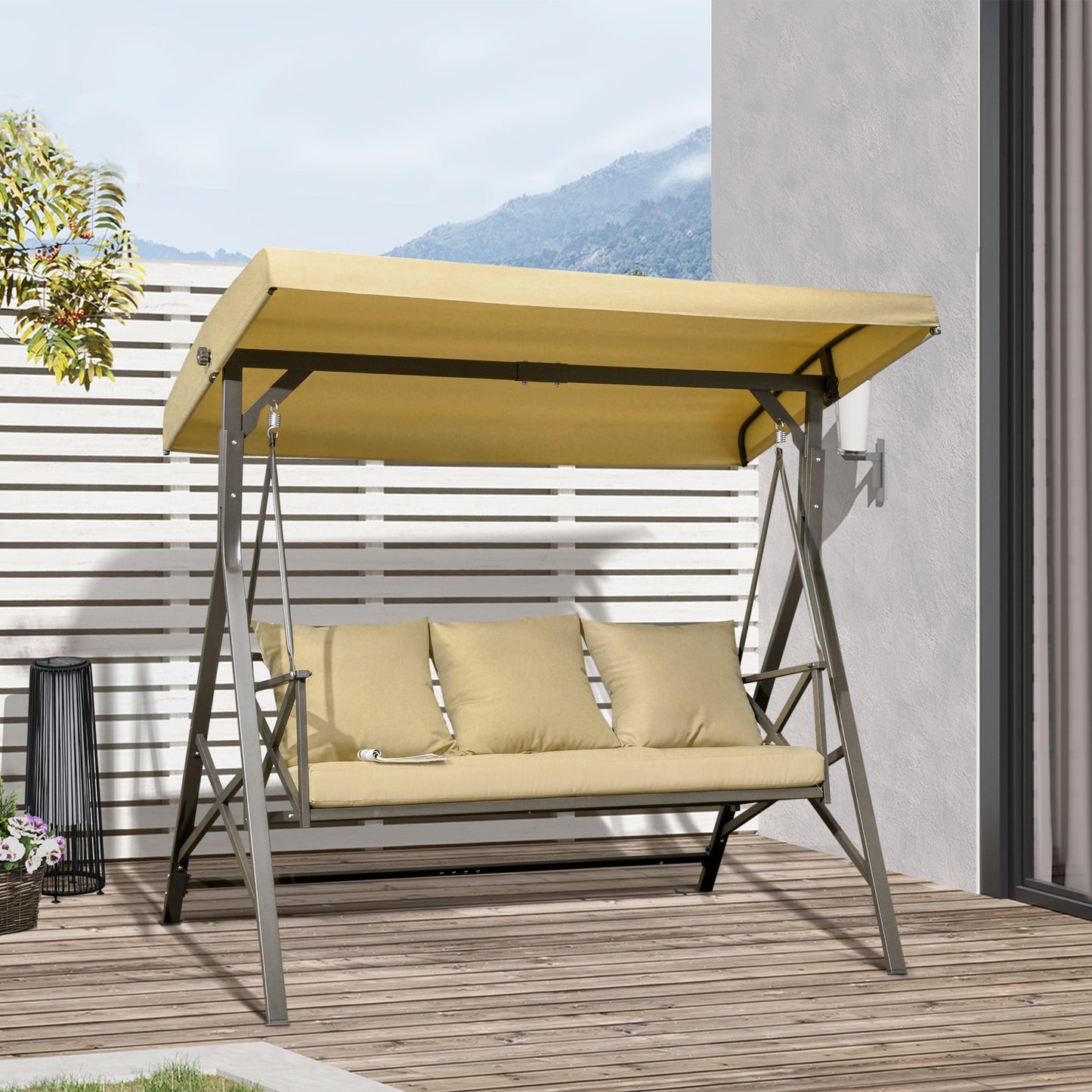 3-Person Outdoor Swing Seat with Adjustable Canopy, Cushion, 3 Throw Pillows, Adjustable Shade, Garden