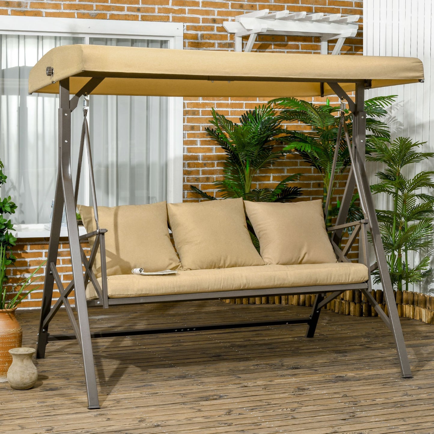 3-Person Outdoor Swing Seat with Adjustable Canopy, Cushion, 3 Throw Pillows, Adjustable Shade, Garden