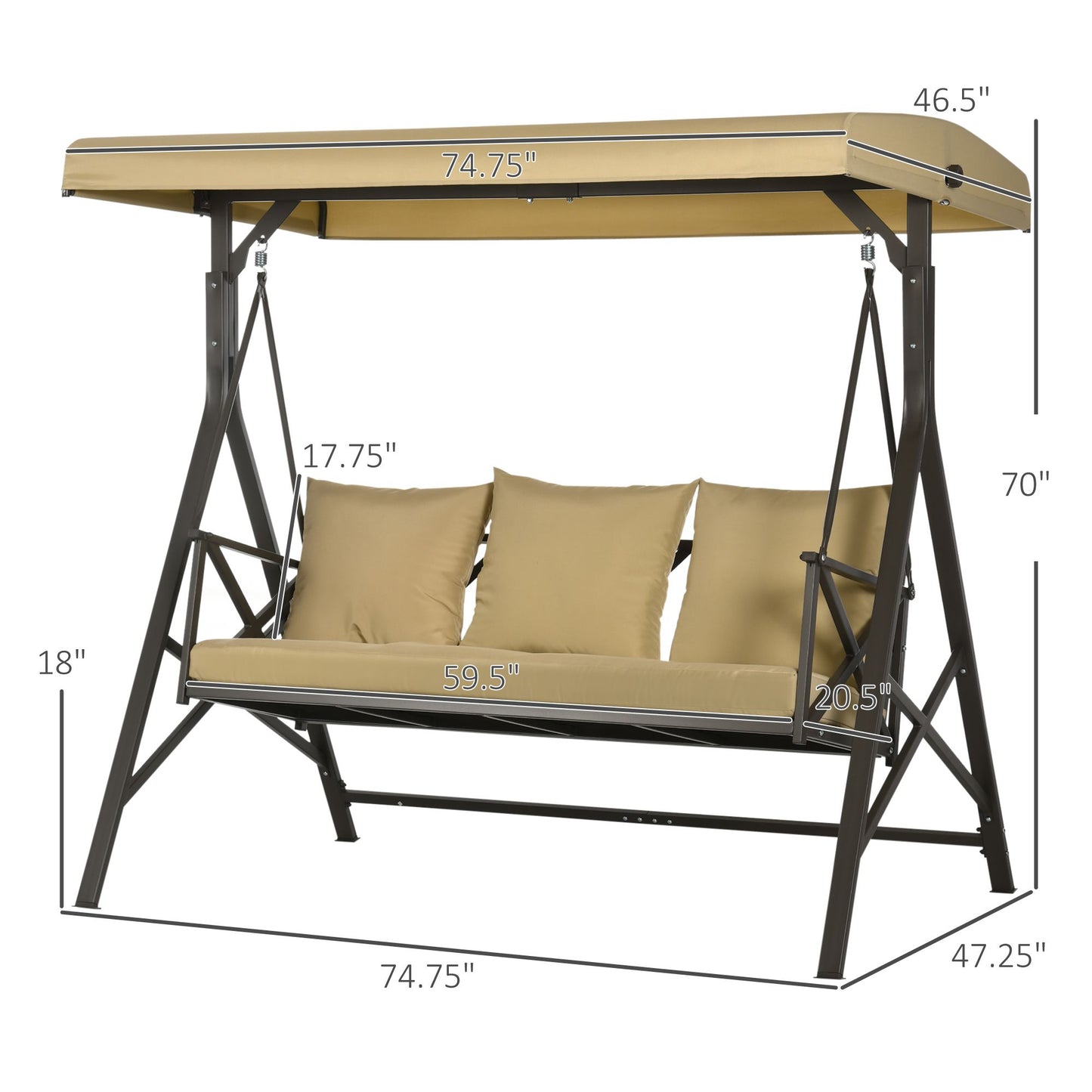 3-Person Outdoor Swing Seat with Adjustable Canopy, Cushion, 3 Throw Pillows, Adjustable Shade, Garden