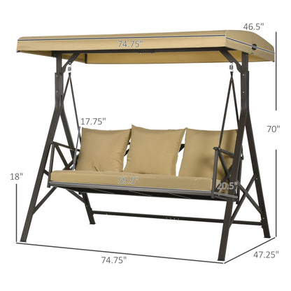3-Person Outdoor Swing Seat with Adjustable Canopy, Cushion, 3 Throw Pillows, Adjustable Shade, Garden
