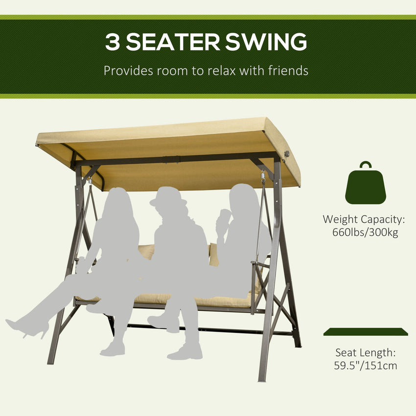 3-Person Outdoor Swing Seat with Adjustable Canopy, Cushion, 3 Throw Pillows, Adjustable Shade, Garden