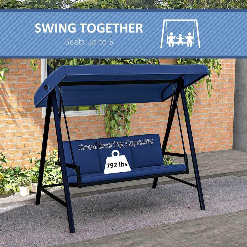 3-Person Patio Swing Chair, Outdoor Porch Swing with Adjustable Canopy & Removable Cushions, Blue