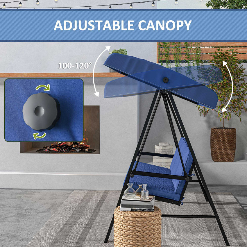 3-Person Patio Swing Chair, Outdoor Porch Swing with Adjustable Canopy & Removable Cushions, Blue