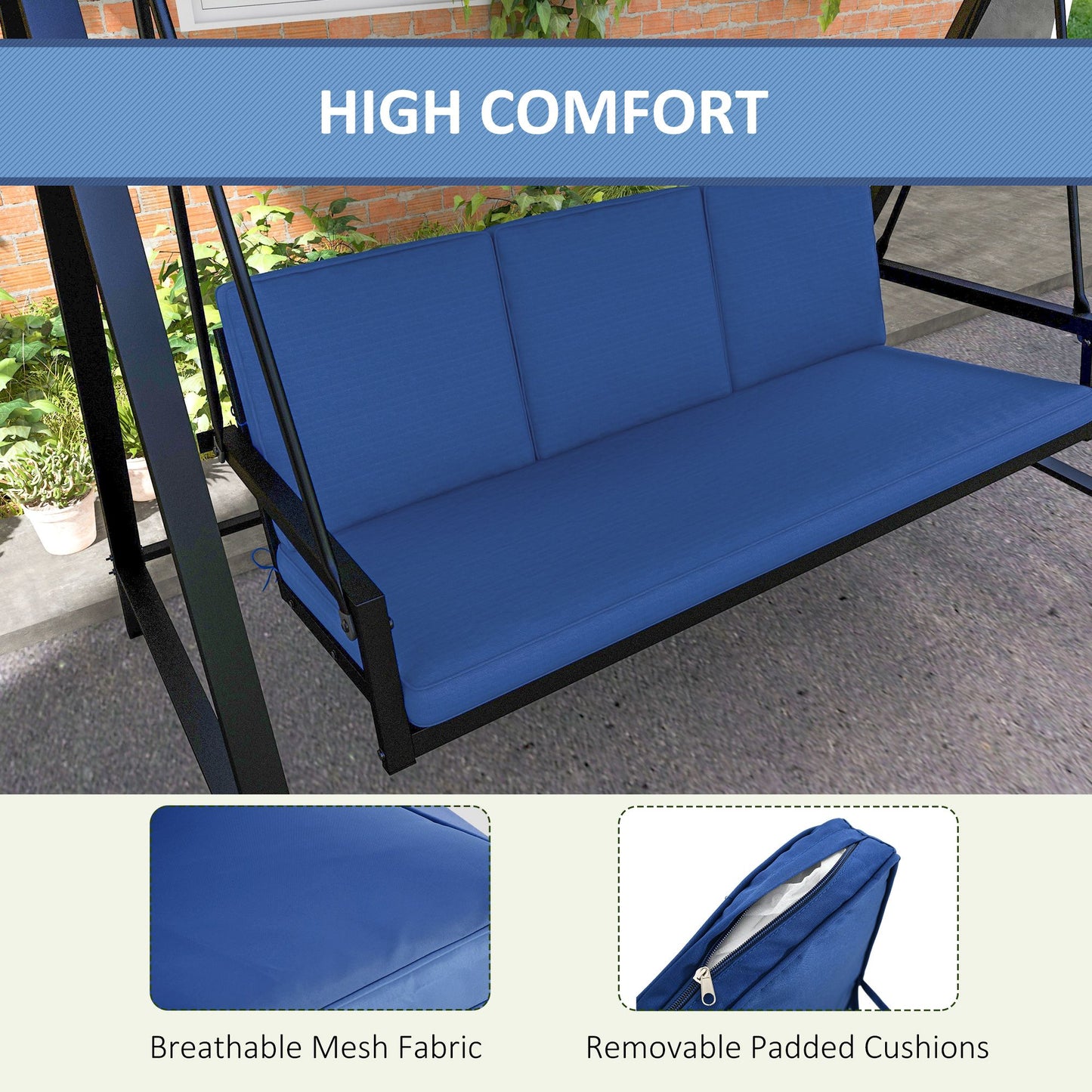 3-Person Patio Swing Chair, Outdoor Porch Swing with Adjustable Canopy & Removable Cushions, Blue