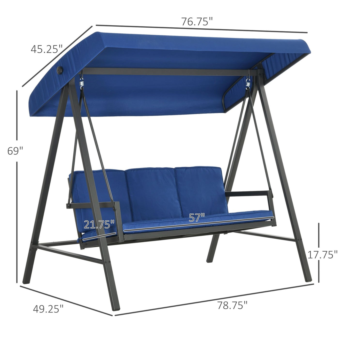 3-Person Patio Swing Chair, Outdoor Porch Swing with Adjustable Canopy & Removable Cushions, Blue