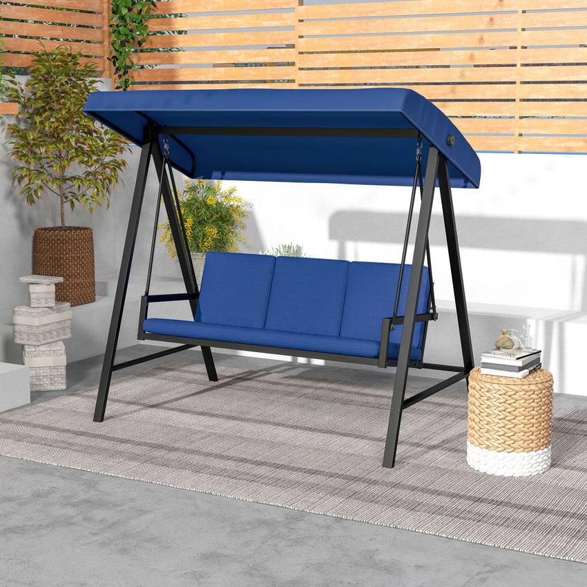 3-Person Patio Swing Chair, Outdoor Porch Swing with Adjustable Canopy & Removable Cushions, Blue
