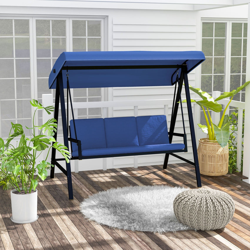 3-Person Patio Swing Chair, Outdoor Porch Swing with Adjustable Canopy & Removable Cushions, Blue