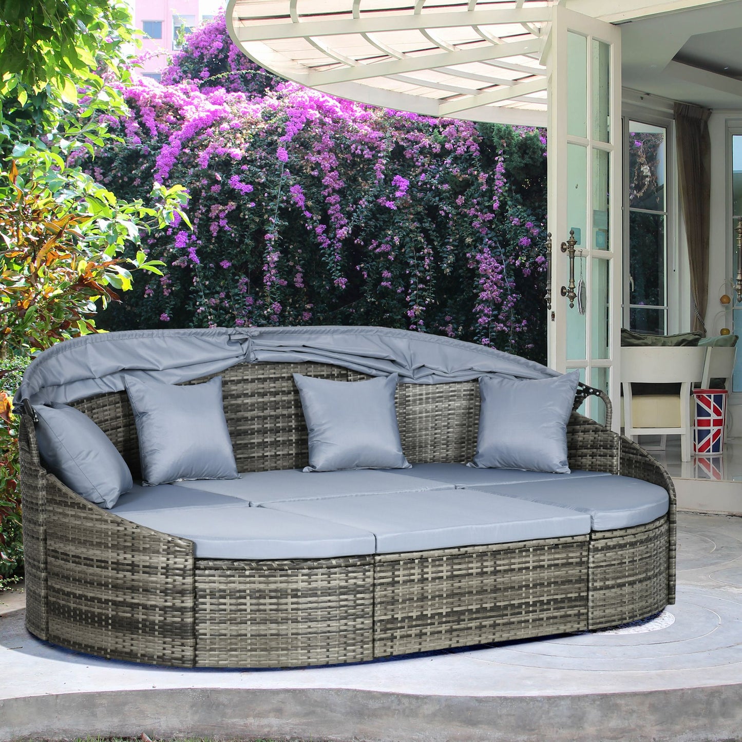 Rattan Daybed with Canopy, Convertible Sectional, Light Grey for Outdoor Use