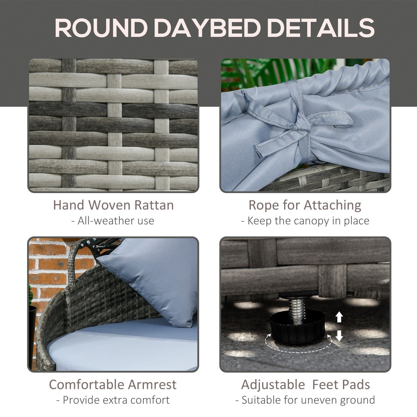 Rattan Daybed with Canopy, Convertible Sectional, Light Grey for Outdoor Use