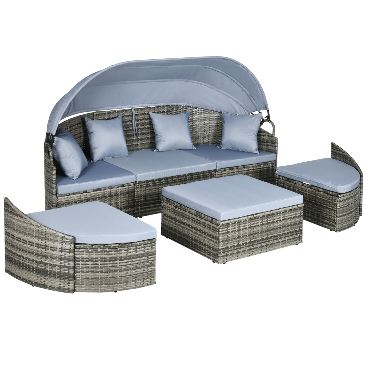 Rattan Daybed with Canopy, Convertible Sectional, Light Grey for Outdoor Use