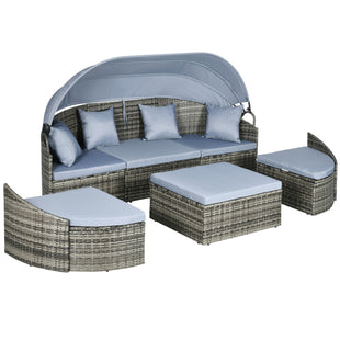 Rattan Daybed with Canopy, Convertible Sectional, Light Grey for Outdoor Use