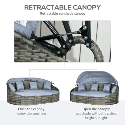 Rattan Daybed with Canopy, Convertible Sectional, Light Grey for Outdoor Use
