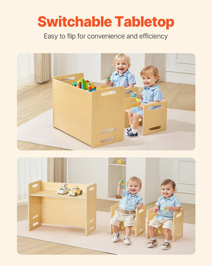 VEVOR Montessori Weaning Table and Chair Set, Wooden Toddler Table and Chair Set with 2 Chairs, Adjustable Height Montessori Chair and Activity Table, Ideal for Reading, Eating, Playing - Natural