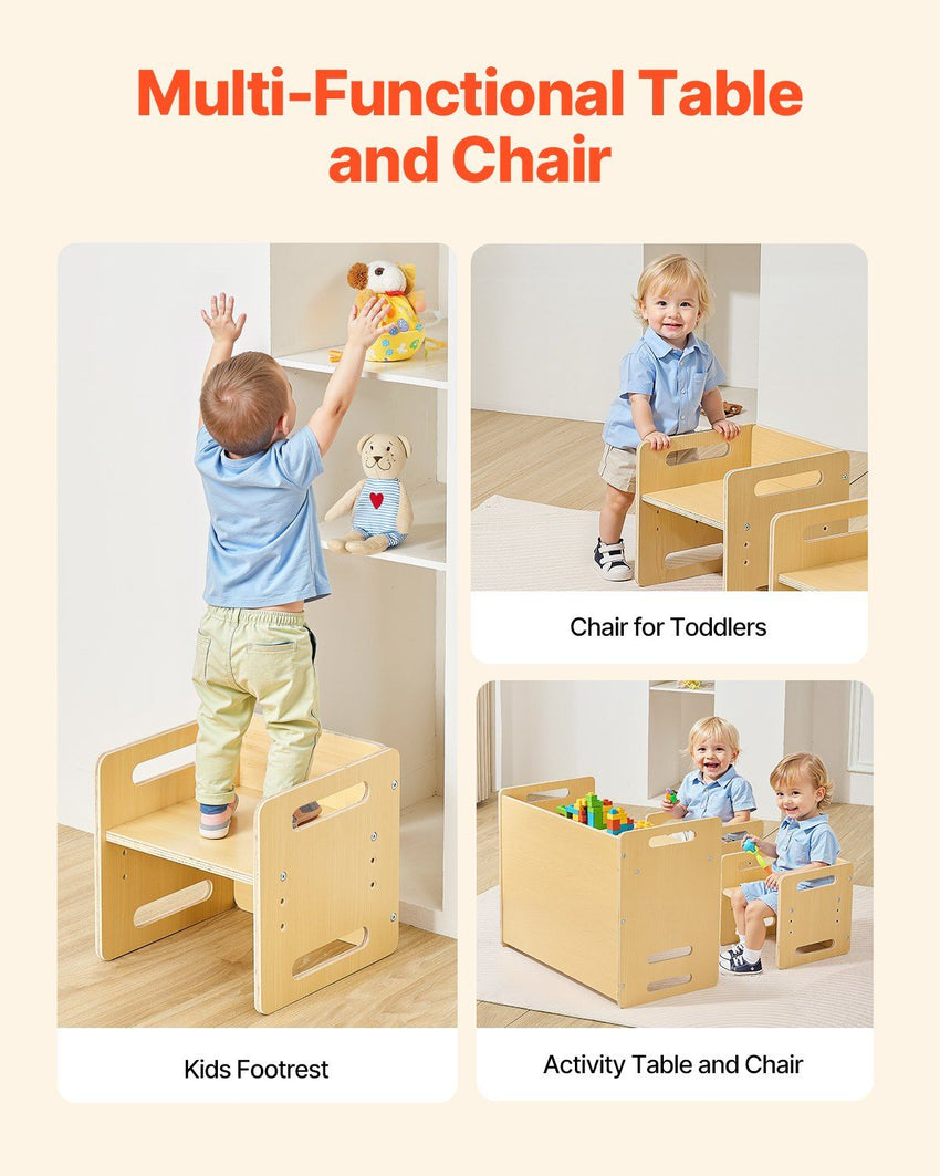 VEVOR Montessori Weaning Table and Chair Set, Wooden Toddler Table and Chair Set with 2 Chairs, Adjustable Height Montessori Chair and Activity Table, Ideal for Reading, Eating, Playing - Natural