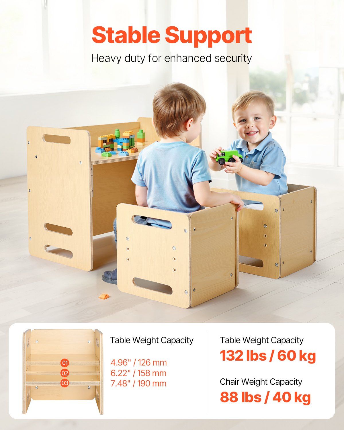 VEVOR Montessori Weaning Table and Chair Set, Wooden Toddler Table and Chair Set with 2 Chairs, Adjustable Height Montessori Chair and Activity Table, Ideal for Reading, Eating, Playing - Natural
