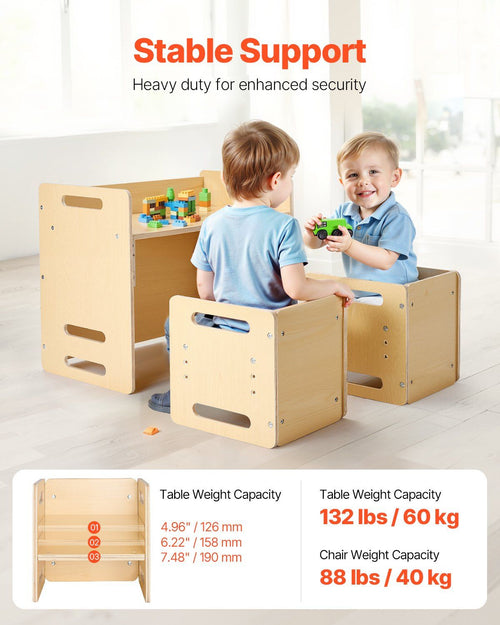 VEVOR Montessori Weaning Table and Chair Set, Wooden Toddler Table and Chair Set with 2 Chairs, Adjustable Height Montessori Chair and Activity Table, Ideal for Reading, Eating, Playing - Natural