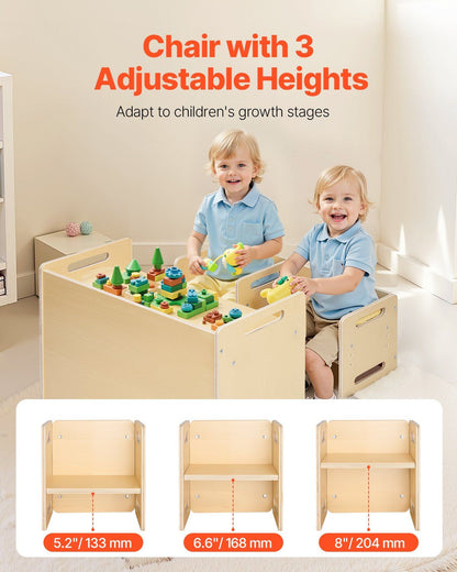 VEVOR Montessori Weaning Table and Chair Set, Wooden Toddler Table and Chair Set with 2 Chairs, Adjustable Height Montessori Chair and Activity Table, Ideal for Reading, Eating, Playing - Natural