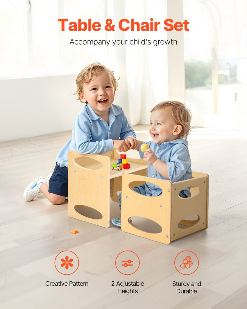 VEVOR Montessori Weaning Table and Chair Set, Wooden Toddler Table and Chair Set for Aged 1-5, Adjustable Height Kids Montessori Chair and Activity Table, Ideal for Reading, Eating, Playing - Natural