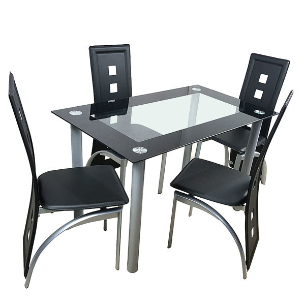 [Same Code: D0102H26NXU] 5 Pieces Dining Table Set for 4, Kitchen Room Tempered Glass Dining Table, 4 Chairs, Black, Table legs are silvery
