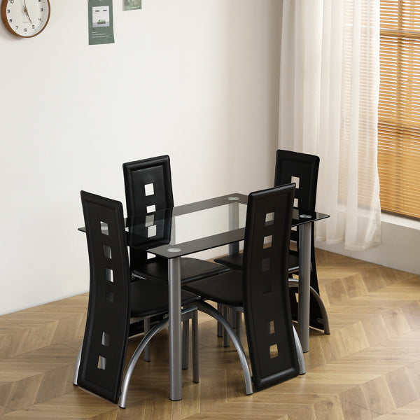 [Same Code: D0102H26NXU] 5 Pieces Dining Table Set for 4, Kitchen Room Tempered Glass Dining Table, 4 Chairs, Black, Table legs are silvery