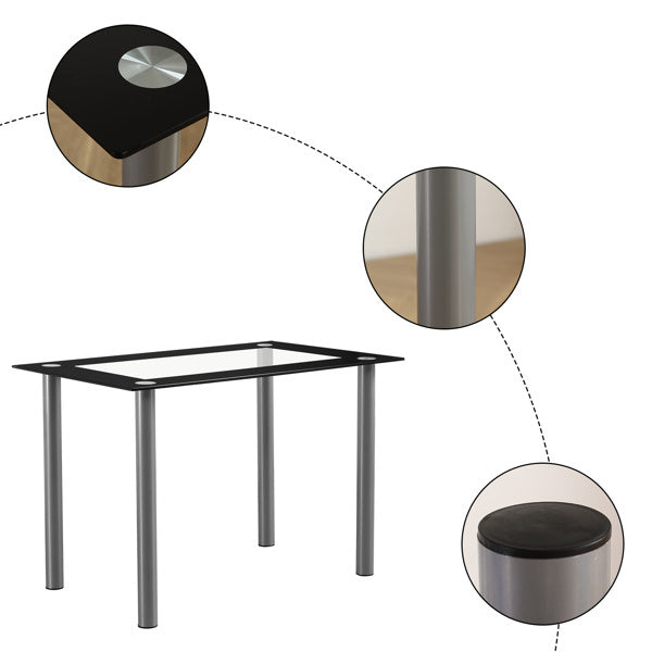 [Same Code: D0102H26NXU] 5 Pieces Dining Table Set for 4, Kitchen Room Tempered Glass Dining Table, 4 Chairs, Black, Table legs are silvery