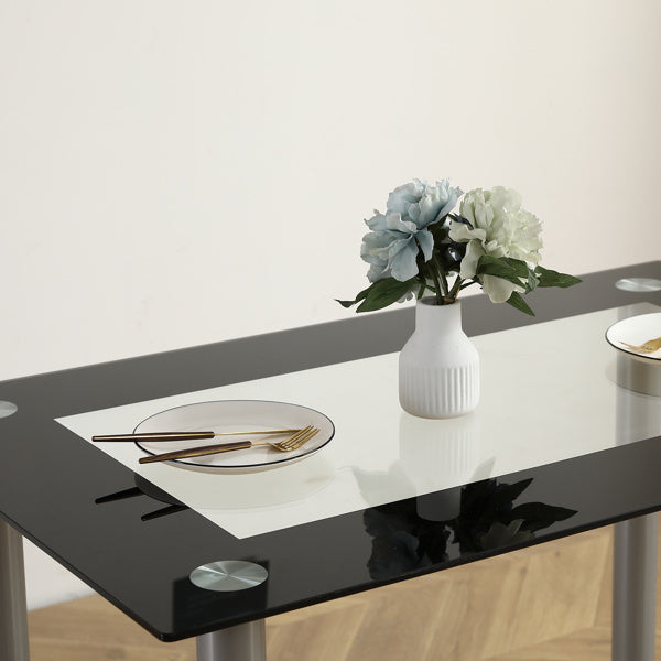 [Same Code: D0102H26NXU] 5 Pieces Dining Table Set for 4, Kitchen Room Tempered Glass Dining Table, 4 Chairs, Black, Table legs are silvery