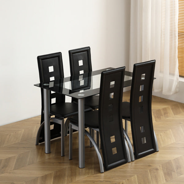 [Same Code: D0102H26NXU] 5 Pieces Dining Table Set for 4, Kitchen Room Tempered Glass Dining Table, 4 Chairs, Black, Table legs are silvery