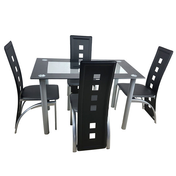 [Same Code: D0102H26NXU] 5 Pieces Dining Table Set for 4, Kitchen Room Tempered Glass Dining Table, 4 Chairs, Black, Table legs are silvery