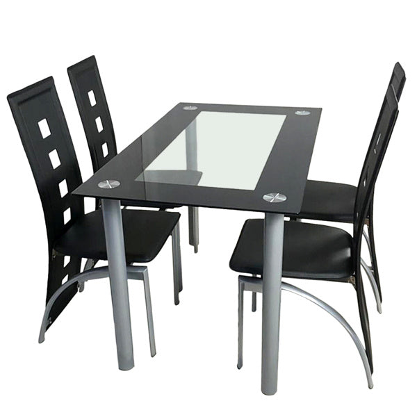 [Same Code: D0102H26NXU] 5 Pieces Dining Table Set for 4, Kitchen Room Tempered Glass Dining Table, 4 Chairs, Black, Table legs are silvery