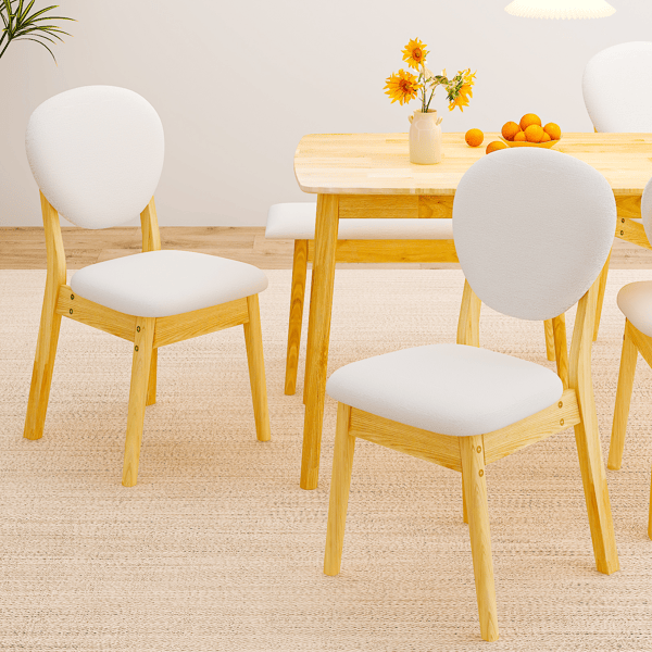 Rubberwood Dining Table Set, 1 Rectangular Table + 4 Upholstered Chairs + 1 Bench, Natural Wood Finish with Beige Cushions, Detachable & Easy Assemble, for Kitchen Dining Room Apartment