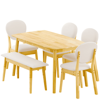 Rubberwood Dining Table Set, 1 Rectangular Table + 4 Upholstered Chairs + 1 Bench, Natural Wood Finish with Beige Cushions, Detachable & Easy Assemble, for Kitchen Dining Room Apartment