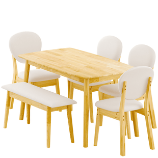 Rubberwood Dining Table Set, 1 Rectangular Table + 4 Upholstered Chairs + 1 Bench, Natural Wood Finish with Beige Cushions, Detachable & Easy Assemble, for Kitchen Dining Room Apartment