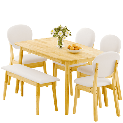 Rubberwood Dining Table Set, 1 Rectangular Table + 4 Upholstered Chairs + 1 Bench, Natural Wood Finish with Beige Cushions, Detachable & Easy Assemble, for Kitchen Dining Room Apartment