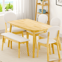 Rubberwood Dining Table Set, 1 Rectangular Table + 4 Upholstered Chairs + 1 Bench, Natural Wood Finish with Beige Cushions, Detachable & Easy Assemble, for Kitchen Dining Room Apartment