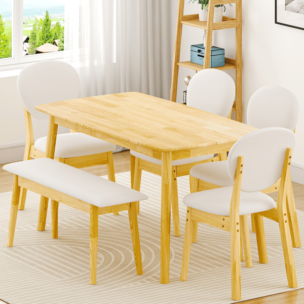Rubberwood Dining Table Set, 1 Rectangular Table + 4 Upholstered Chairs + 1 Bench, Natural Wood Finish with Beige Cushions, Detachable & Easy Assemble, for Kitchen Dining Room Apartment