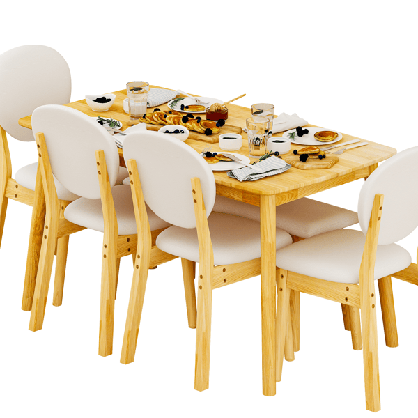 Rubberwood Dining Table Set, 1 Rectangular Table + 4 Upholstered Chairs + 1 Bench, Natural Wood Finish with Beige Cushions, Detachable & Easy Assemble, for Kitchen Dining Room Apartment