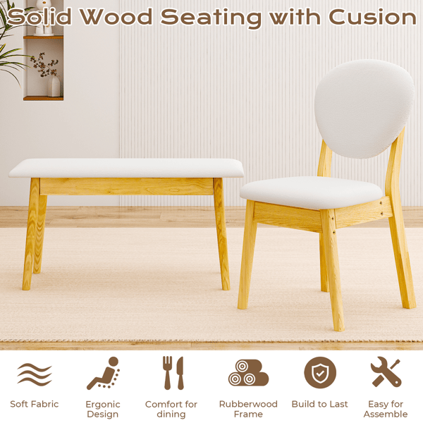 Rubberwood Dining Table Set, 1 Rectangular Table + 4 Upholstered Chairs + 1 Bench, Natural Wood Finish with Beige Cushions, Detachable & Easy Assemble, for Kitchen Dining Room Apartment