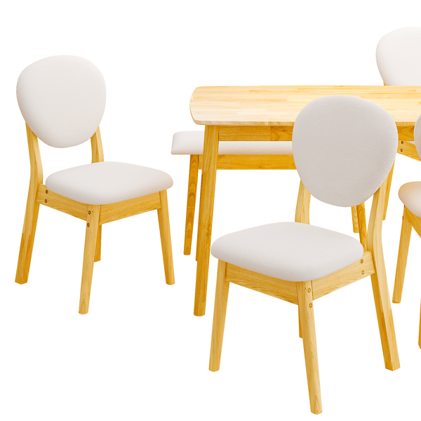 Rubberwood Dining Table Set, 1 Rectangular Table + 4 Upholstered Chairs + 1 Bench, Natural Wood Finish with Beige Cushions, Detachable & Easy Assemble, for Kitchen Dining Room Apartment