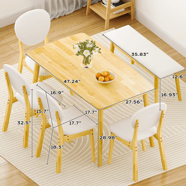 Rubberwood Dining Table Set, 1 Rectangular Table + 4 Upholstered Chairs + 1 Bench, Natural Wood Finish with Beige Cushions, Detachable & Easy Assemble, for Kitchen Dining Room Apartment