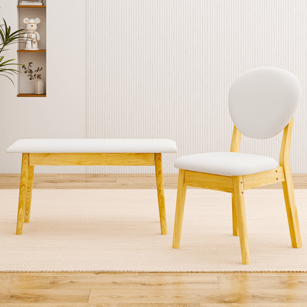 Rubberwood Dining Table Set, 1 Rectangular Table + 4 Upholstered Chairs + 1 Bench, Natural Wood Finish with Beige Cushions, Detachable & Easy Assemble, for Kitchen Dining Room Apartment