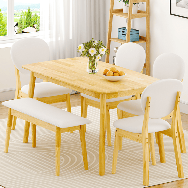 Rubberwood Dining Table Set, 1 Rectangular Table + 4 Upholstered Chairs + 1 Bench, Natural Wood Finish with Beige Cushions, Detachable & Easy Assemble, for Kitchen Dining Room Apartment