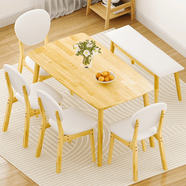 Rubberwood Dining Table Set, 1 Rectangular Table + 4 Upholstered Chairs + 1 Bench, Natural Wood Finish with Beige Cushions, Detachable & Easy Assemble, for Kitchen Dining Room Apartment