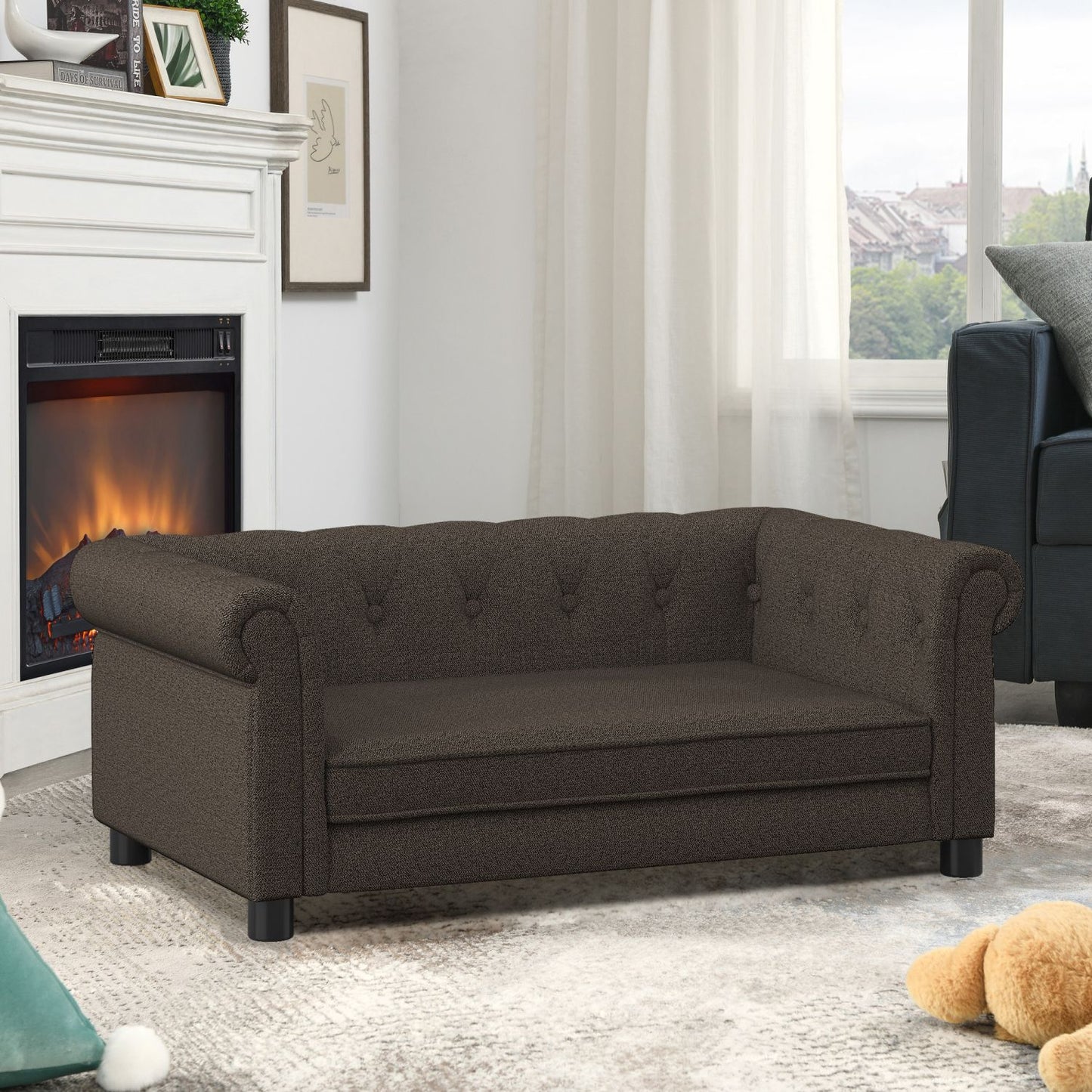 Elegant rectangular pet bed for small and medium-sized dogs, durable elevated dog sofa bed, comfortable dog sofa, modern and fashionable linen fabric dog sofa-Dark Brown
